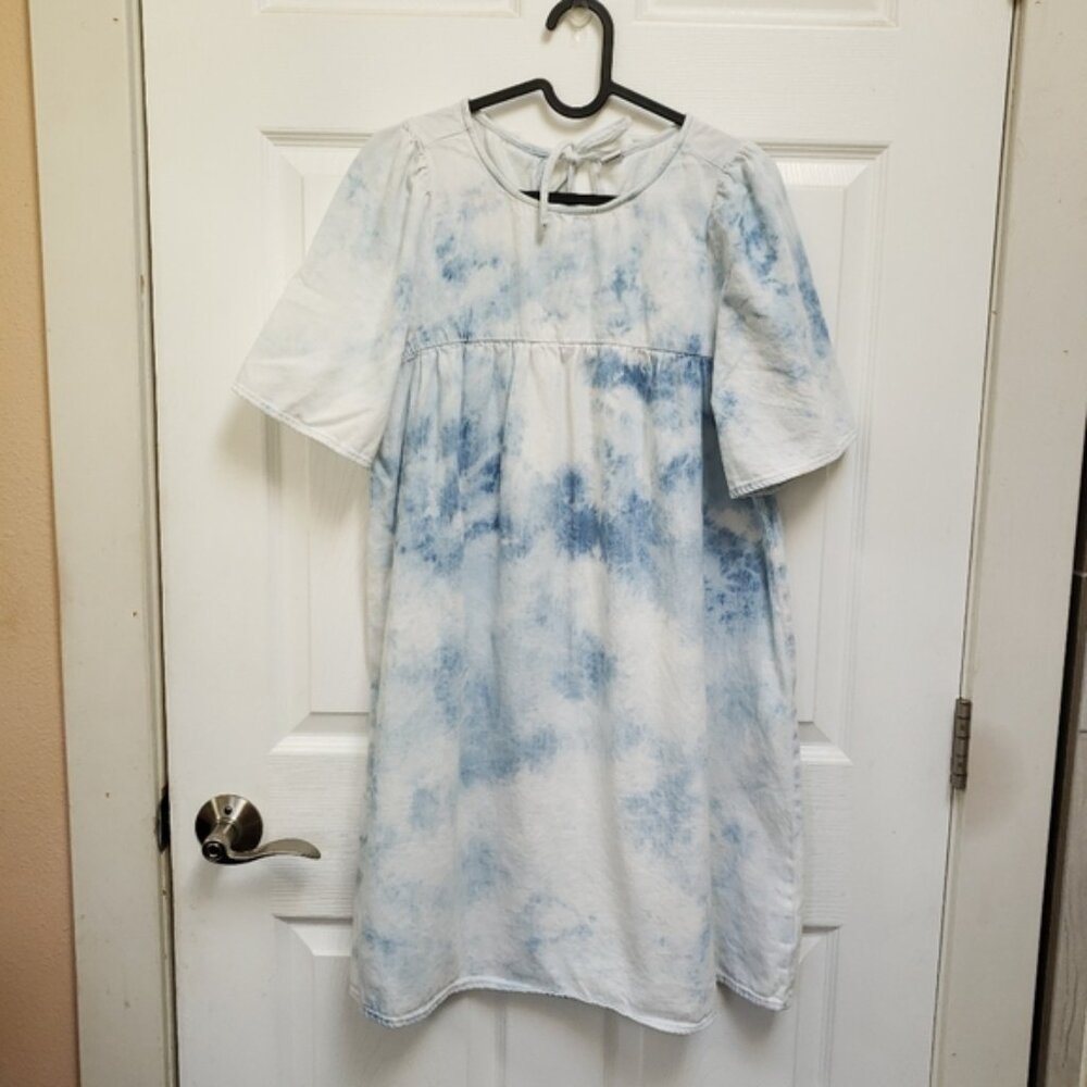 Old Navy Blue White Denim Tie Dye Short Sleeve Swing Mini Dress